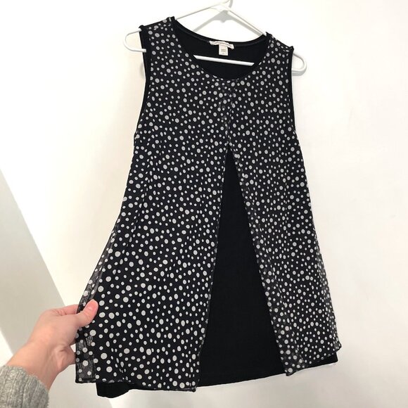 COLDWATER CREEK Black White Polka Dot Flyaway Mesh Overlay Mixed Media Tank Top - Picture 7 of 11